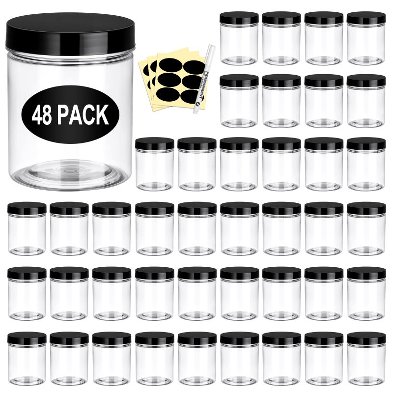 Eupako 48 Pack Plastic Jars with Lids 6 OZ  Empty Clear Cosmetics Containers with Pen and Labels Round Small Plastic Jars with Screw On Lids for Slime Makeup Butter Cream Lotion Pot Dry Food